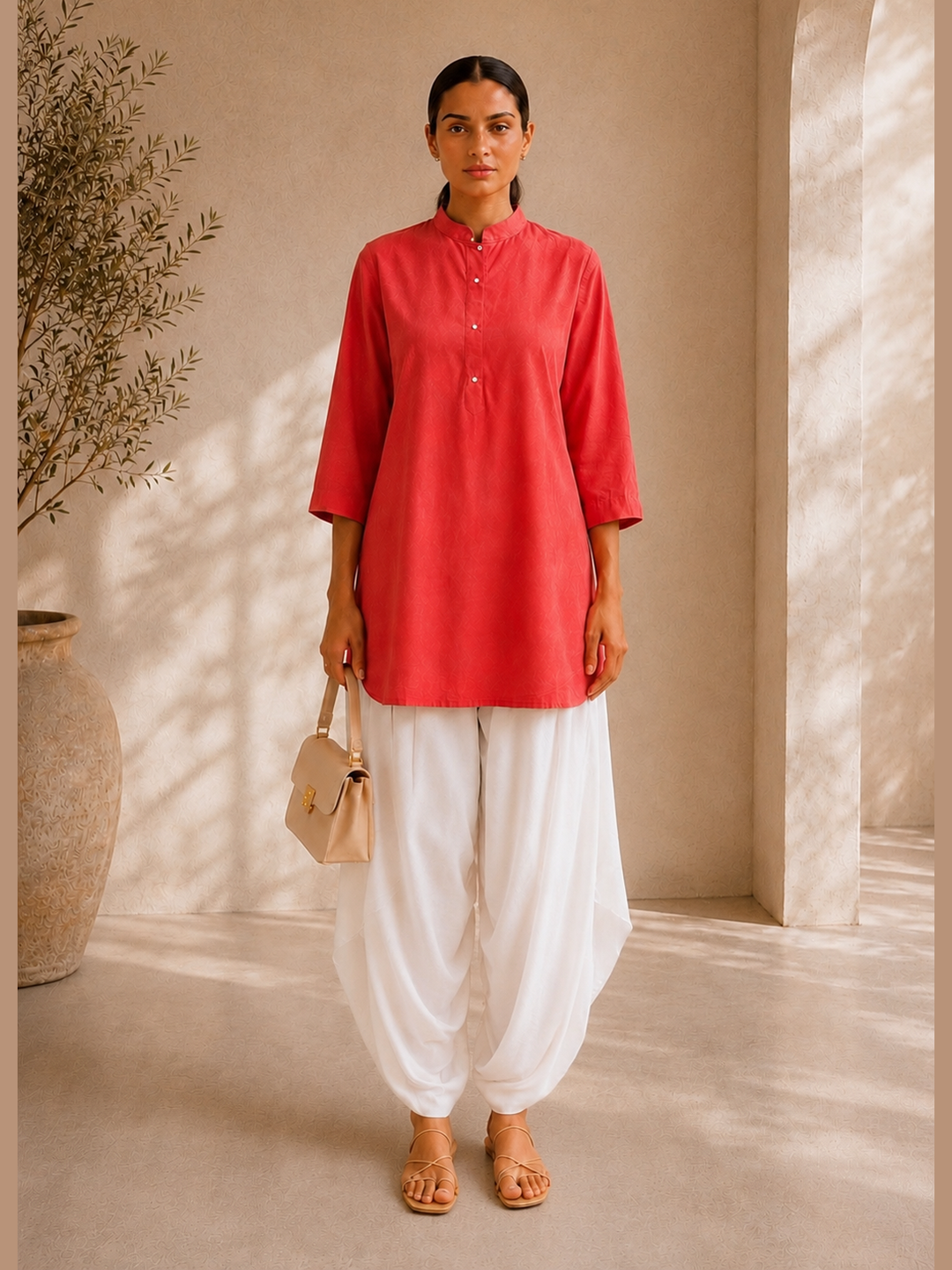 Coral Red Cotton Viscose Long Shirt