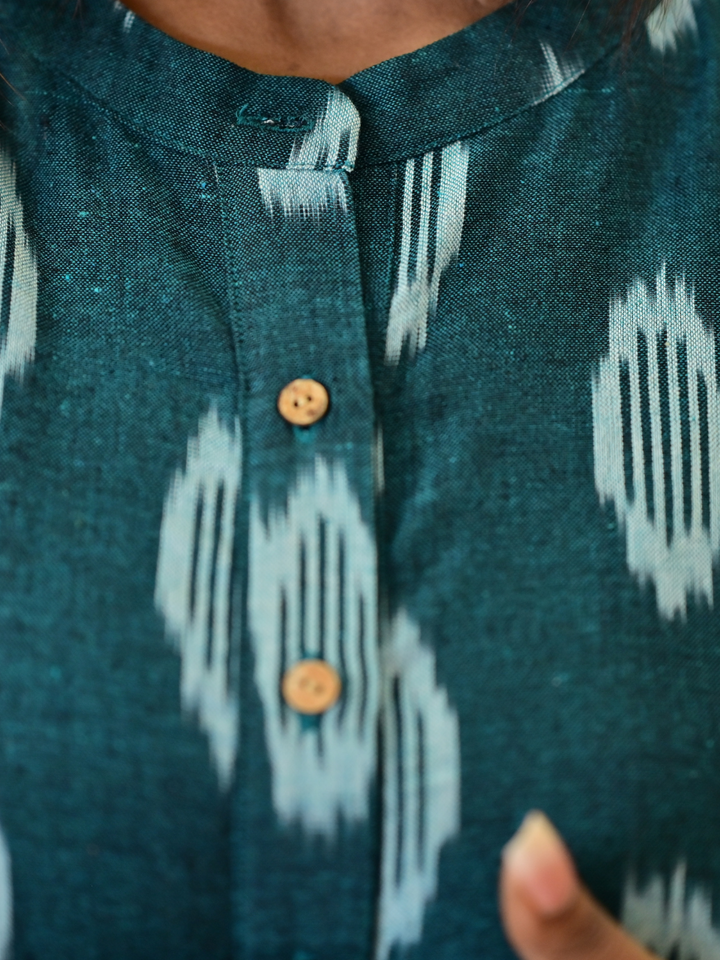 handloom cotton shirts for women, cotton shirt for women, Green Ikat Handloom Cotton Shirt, green shirt, ikat handloom shirts