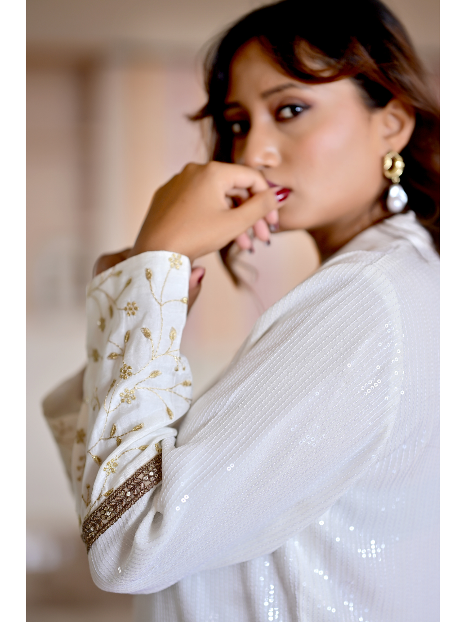 White Sequin Embroidered Shirt, silk shirt, white shirts, partywear shirts, embroidered shirt
