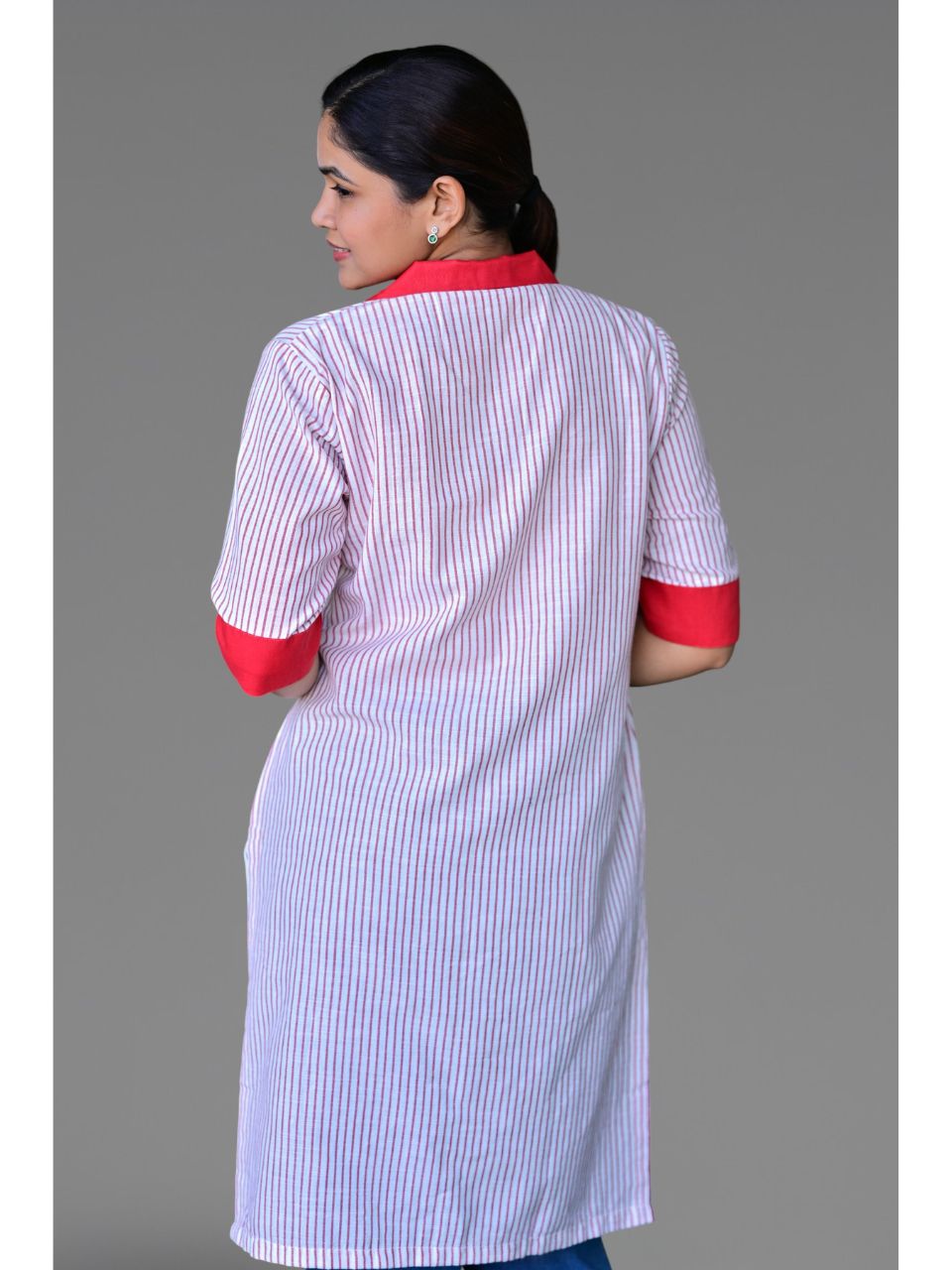 Red Stripes Handloom Kurti, Handloom kurti, white kurti, modern ethnic kurties, office wear kurties
