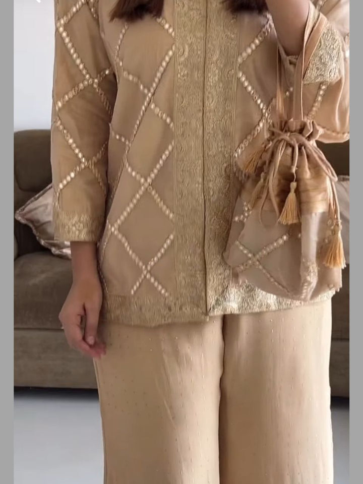 Beige Elegance Embroidered Chanderi Set