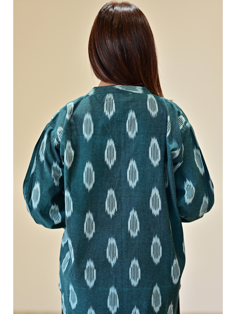 handloom cotton shirts for women, cotton shirt for women, Green Ikat Handloom Cotton Shirt, green shirt, ikat handloom shirts