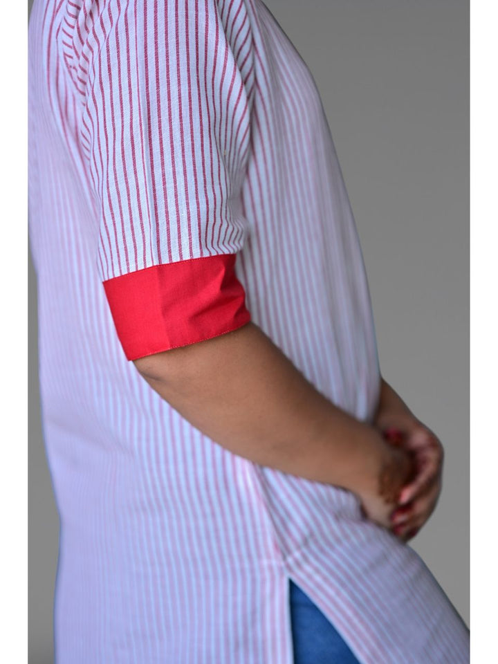 Red Stripes Handloom Kurti, Handloom kurti, white kurti, modern ethnic kurties, office wear kurties
