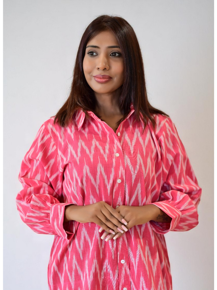  Pink Ikat Handloom Cotton Shirt, pink shirt, handloom cotton shirts, printed shirt, pink shirts
