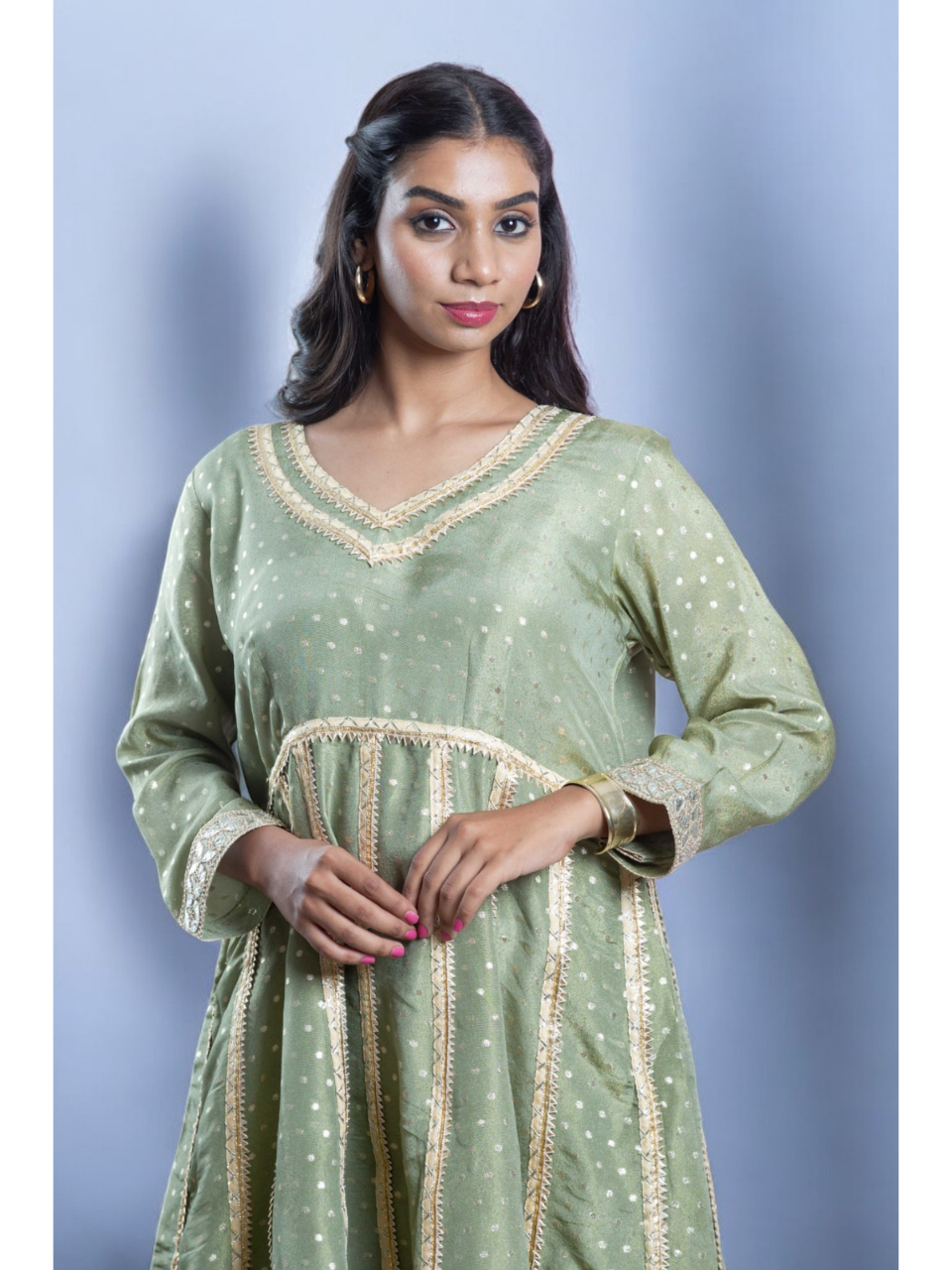 Graceful Embroidered Kurti Set, chanderi silk co ord set, olive green co ord set, party wear co ord, Pongal sale, Lohri sale
