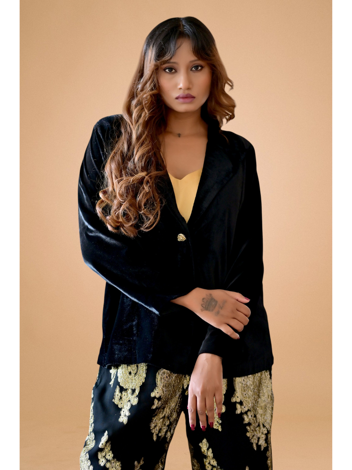 Velvet Zari Blazer Set, velvet co ord set, black co-ord set, partywear sets, blazer set