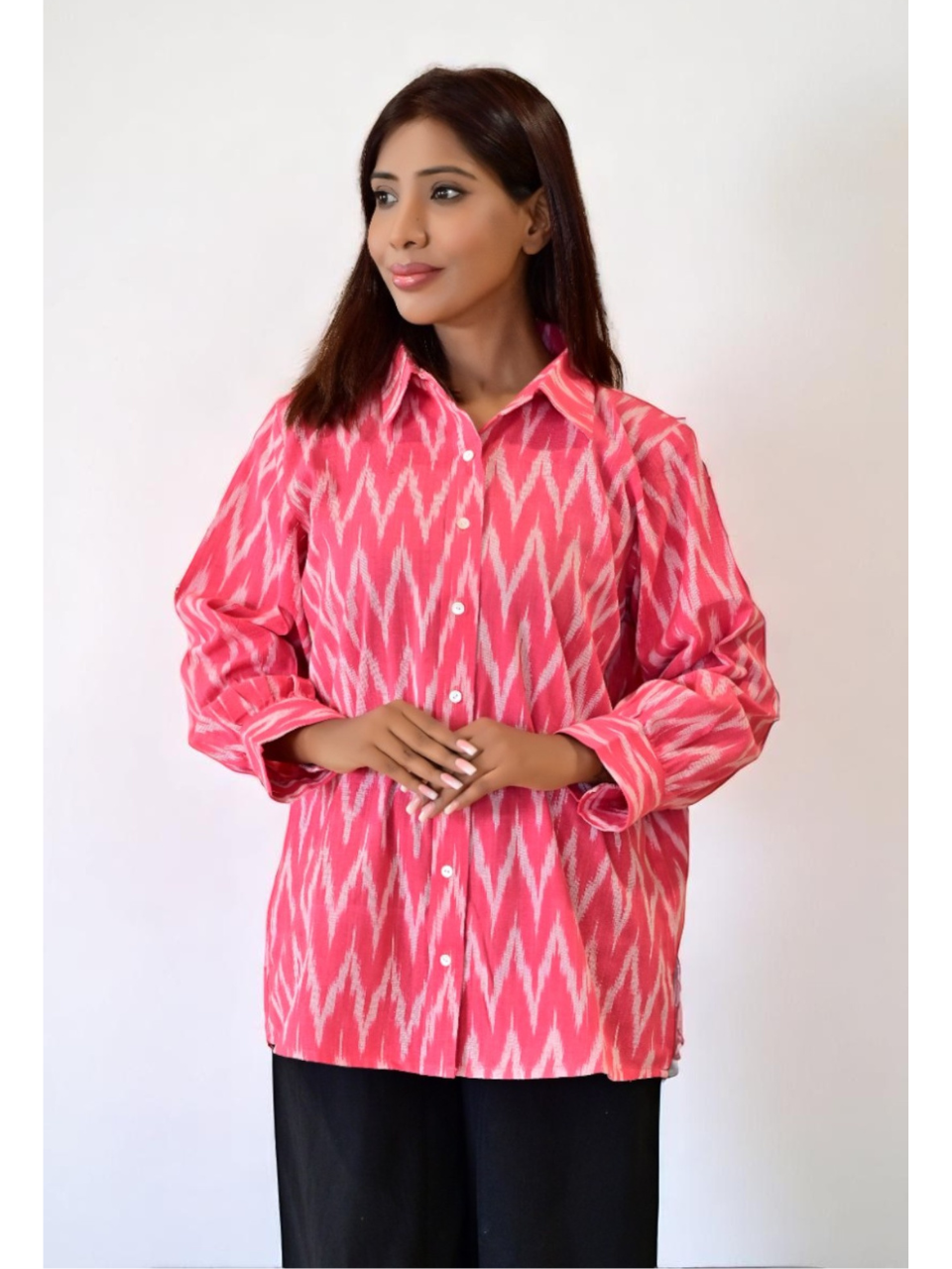  Pink Ikat Handloom Cotton Shirt, pink shirt, handloom cotton shirts, printed shirt, pink shirts

