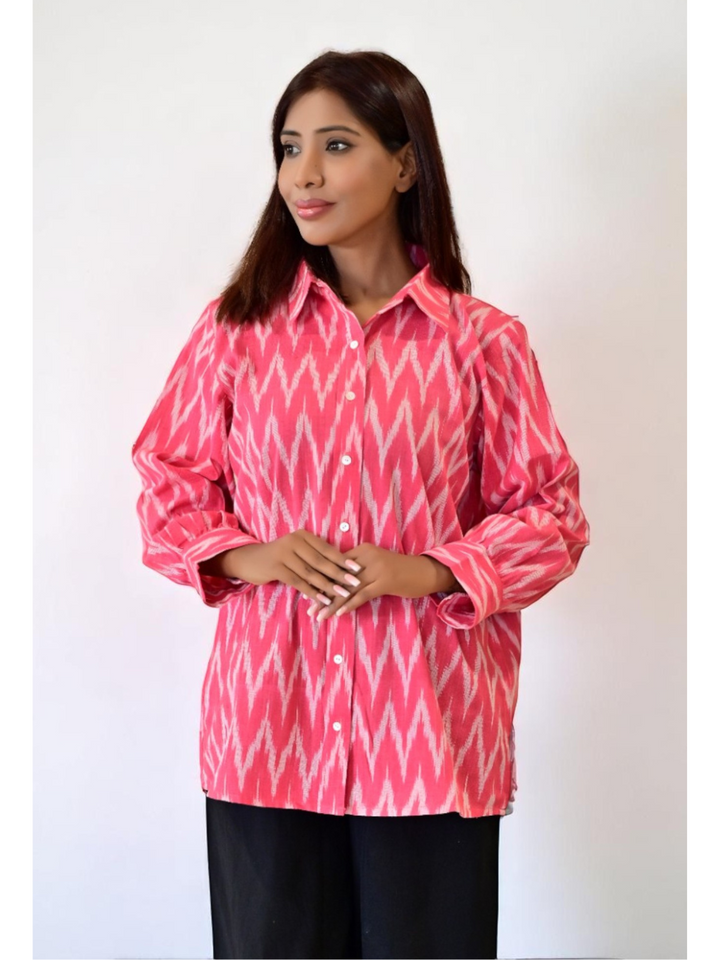  Pink Ikat Handloom Cotton Shirt, pink shirt, handloom cotton shirts, printed shirt, pink shirts

