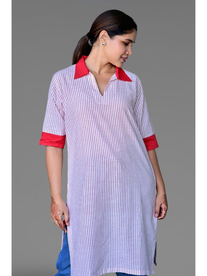 Red Stripes Handloom Kurti, Handloom kurti, white kurti, modern ethnic kurties, office wear kurties
