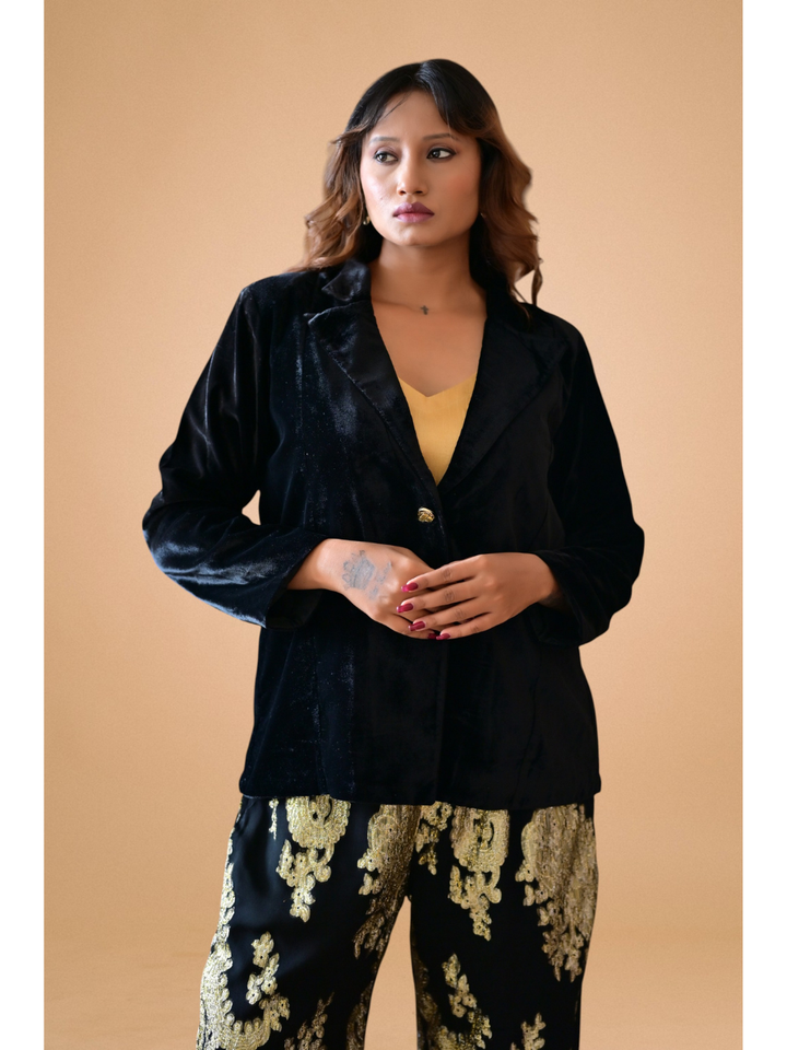  Velvet Zari Blazer Set, velvet co ord set, black co-ord set, partywear sets, blazer set