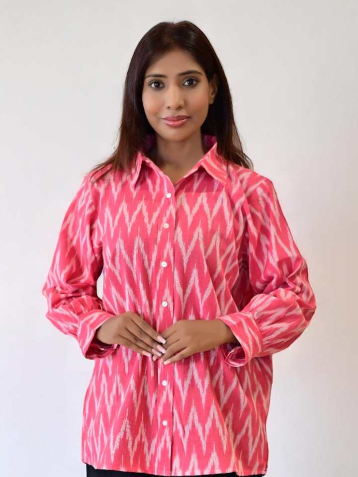  Pink Ikat Handloom Cotton Shirt, pink shirt, handloom cotton shirts, printed shirt, pink shirts
