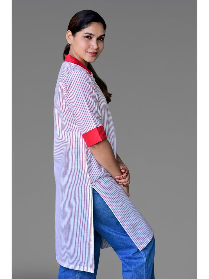 Red Stripes Handloom Kurti, Handloom kurti, white kurti, modern ethnic kurties, office wear kurties
