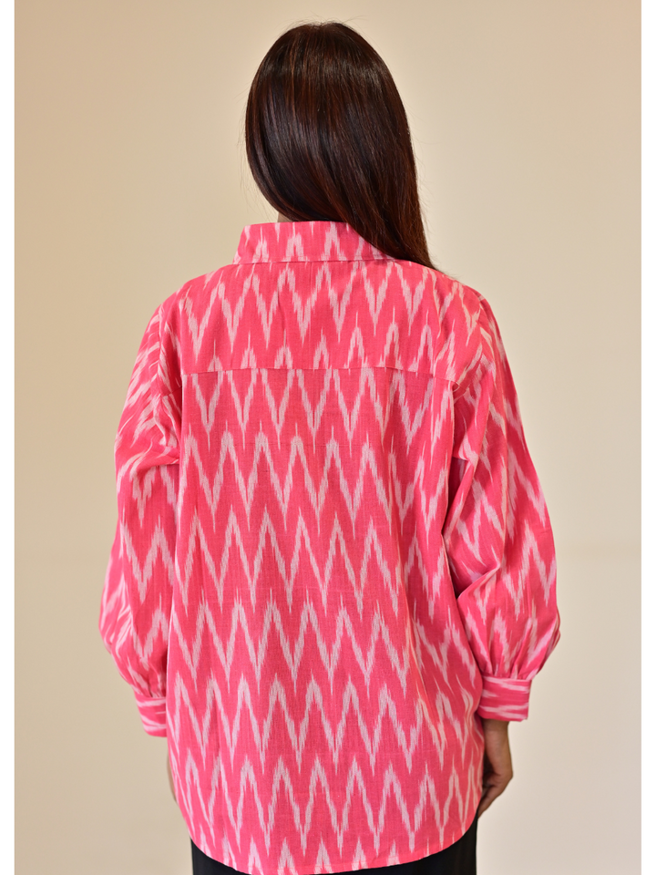  Pink Ikat Handloom Cotton Shirt, pink shirt, handloom cotton shirts, printed shirt, pink shirts
