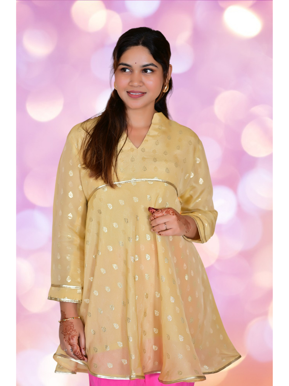  Pastel Yellow Traditional Floral Silk Kurti, tissue silk kurti, yellow kurtis, traditional kurtis