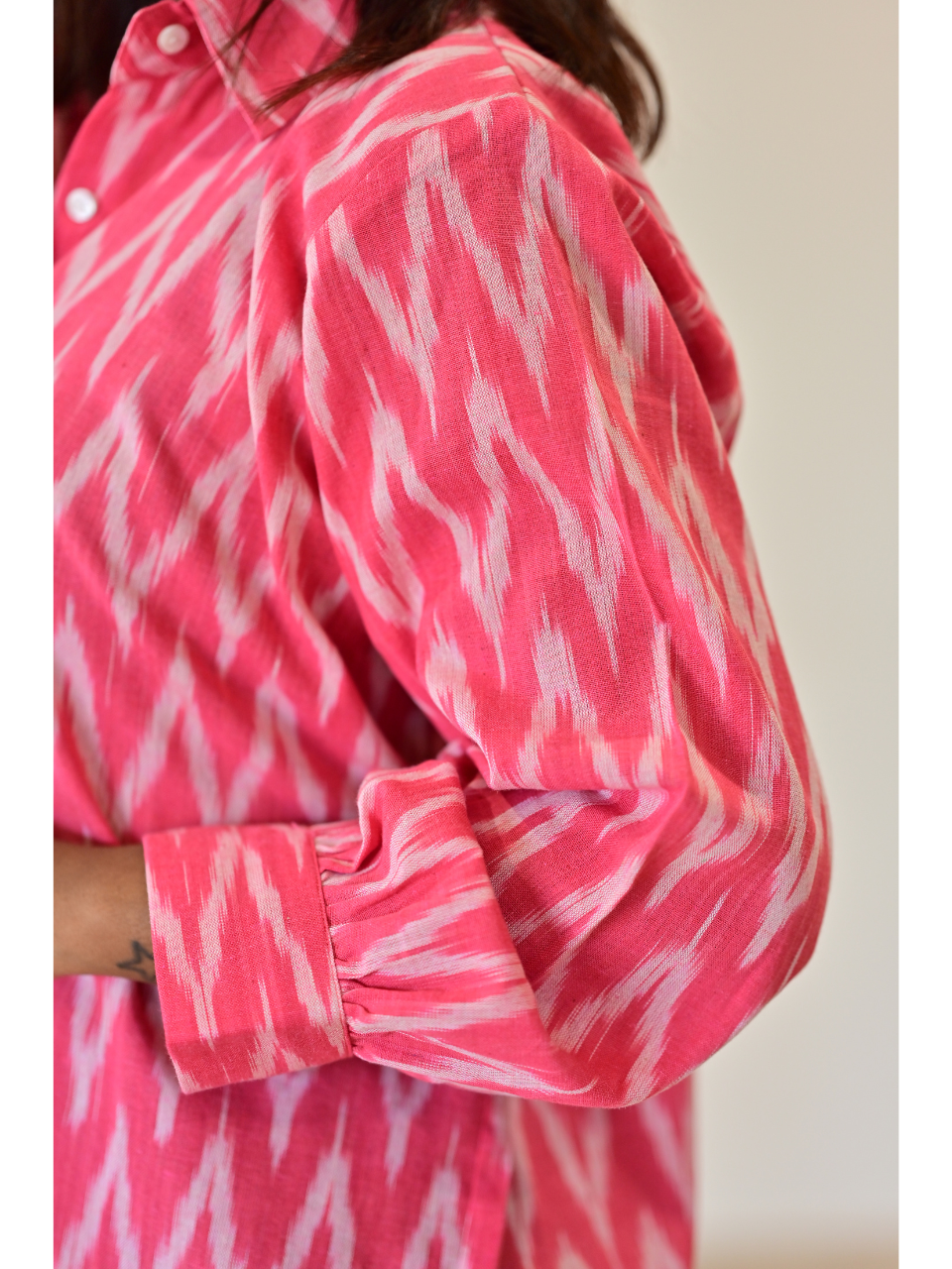  Pink Ikat Handloom Cotton Shirt, pink shirt, handloom cotton shirts, printed shirt, pink shirts
