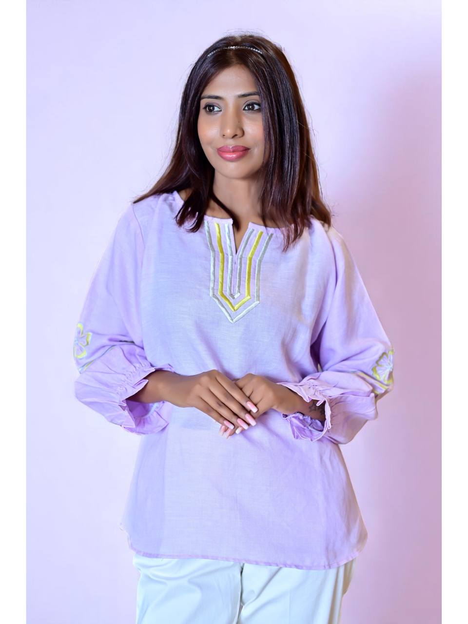 Lilac Calm – Cotton Linen Elegance, cotton linen top, embroidered top
