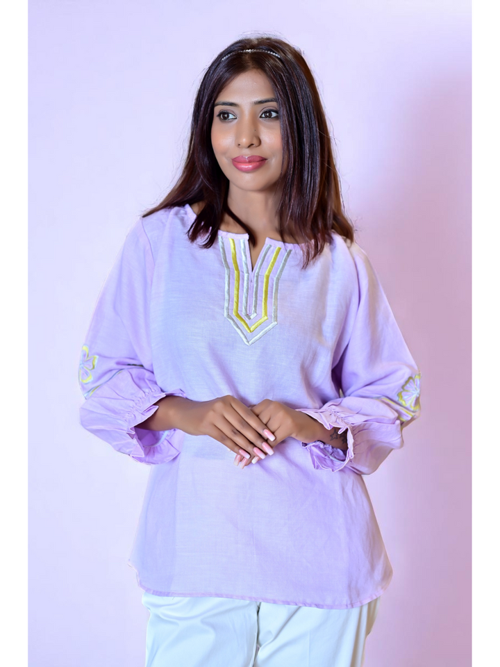 Lilac Calm – Cotton Linen Elegance, cotton linen top, embroidered top
