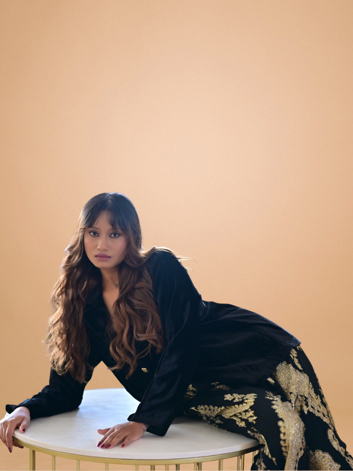  Velvet Zari Blazer Set, velvet co ord set, black co-ord set, partywear sets, blazer set