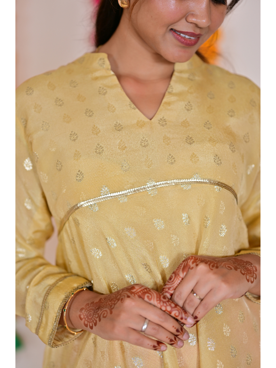  Pastel Yellow Traditional Floral Silk Kurti, tissue silk kurti, yellow kurtis, traditional kurtis