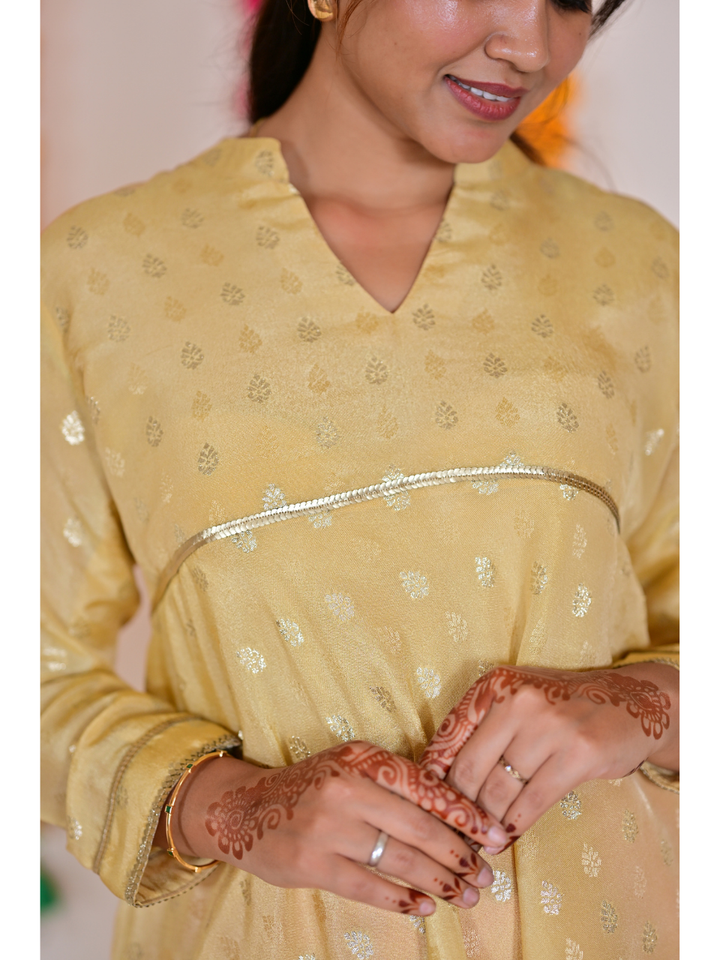  Pastel Yellow Traditional Floral Silk Kurti, tissue silk kurti, yellow kurtis, traditional kurtis