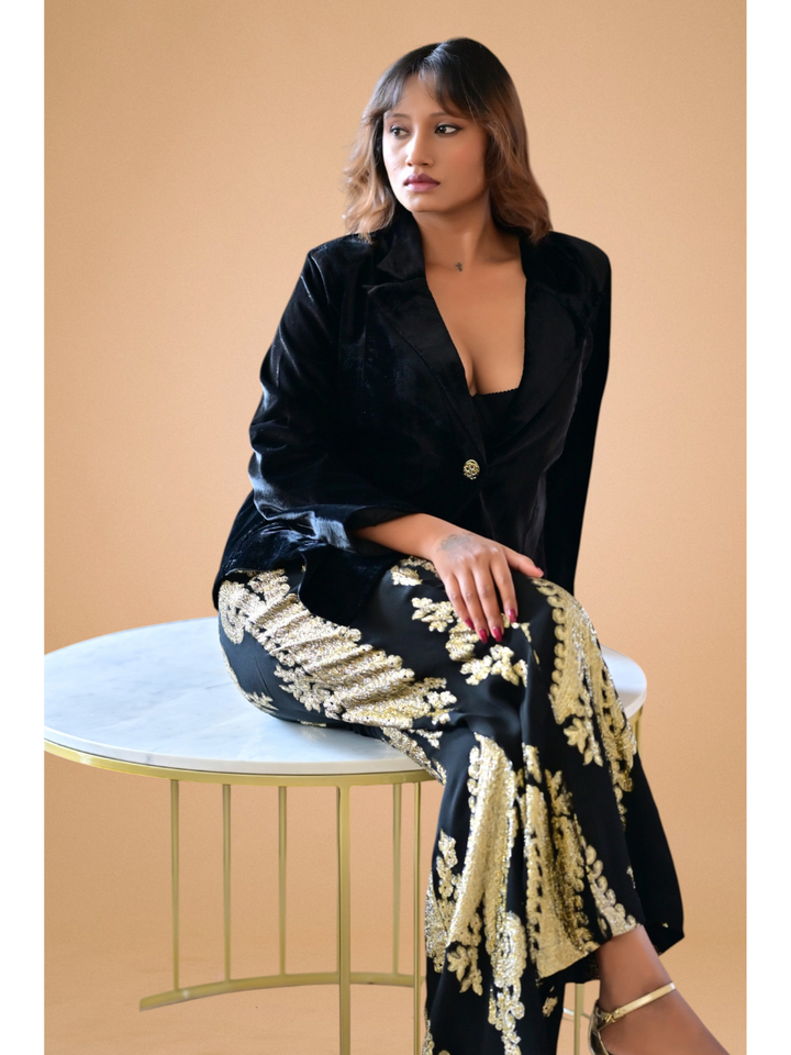  Velvet Zari Blazer Set, velvet co ord set, black co-ord set, partywear sets, blazer set