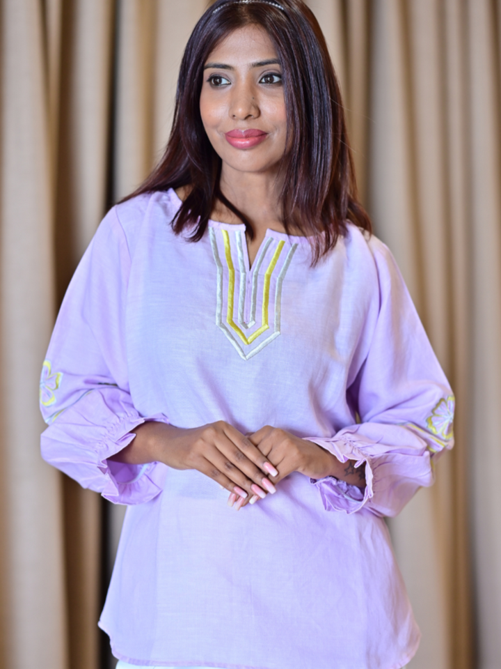 Lilac Calm – Cotton Linen Elegance, cotton linen top, embroidered top

