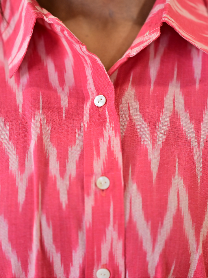  Pink Ikat Handloom Cotton Shirt, pink shirt, handloom cotton shirts, printed shirt, pink shirts
