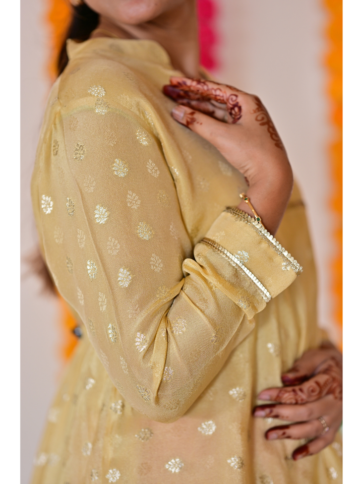  Pastel Yellow Traditional Floral Silk Kurti, tissue silk kurti, yellow kurtis, traditional kurtis