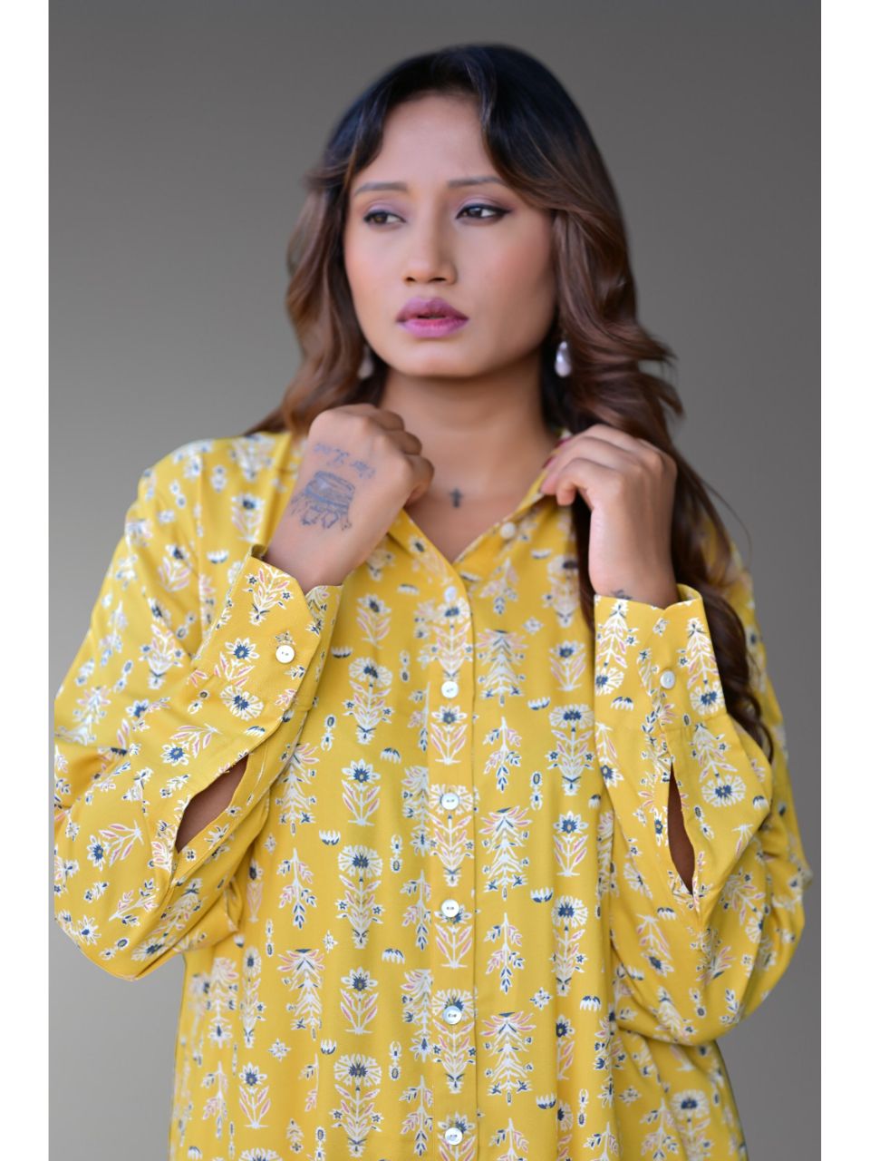Floral Sunshine Light Shirt, rayon shirt, yellow shirts, long shirts, indowestern shirts, modern ethnic shirts, office wear shirts

