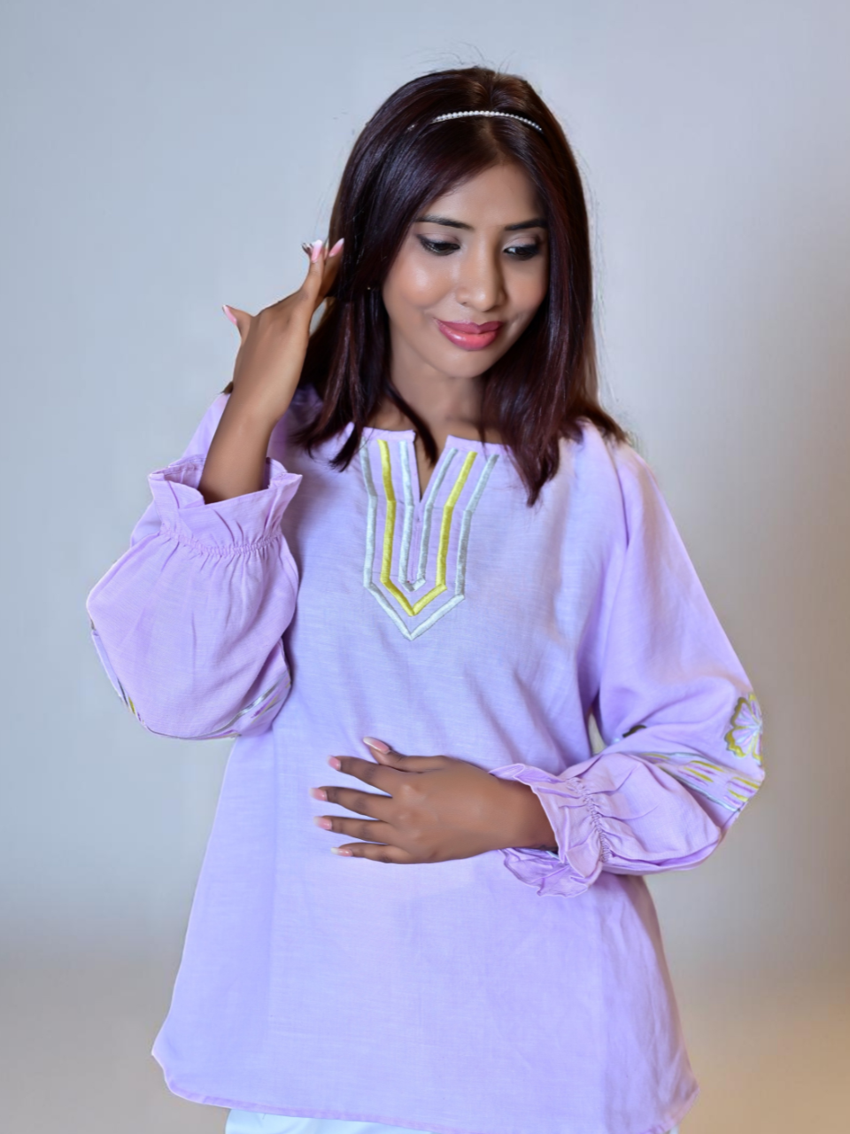 Lilac Calm – Cotton Linen Elegance, cotton linen top, embroidered top
