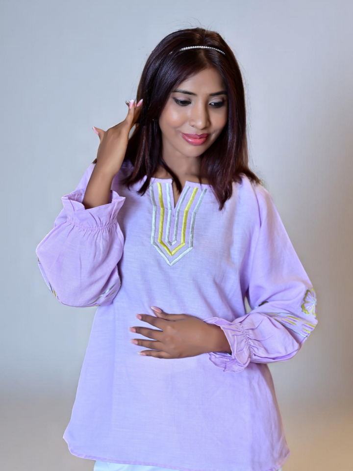 Lilac Calm – Cotton Linen Elegance, cotton linen top, embroidered top
