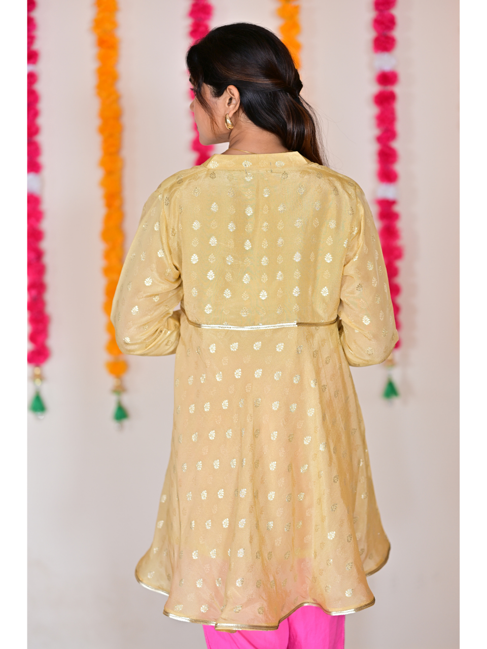  Pastel Yellow Traditional Floral Silk Kurti, tissue silk kurti, yellow kurtis, traditional kurtis