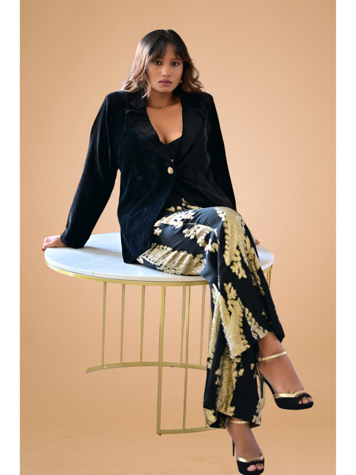  Velvet Zari Blazer Set, velvet co ord set, black co-ord set, partywear sets, blazer set