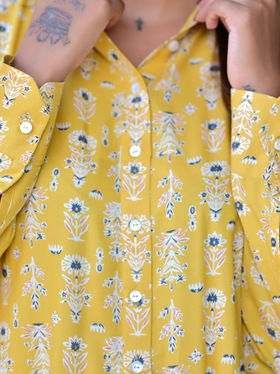 Floral Sunshine Light Shirt, rayon shirt, yellow shirts, long shirts, indowestern shirts, modern ethnic shirts, office wear shirts

