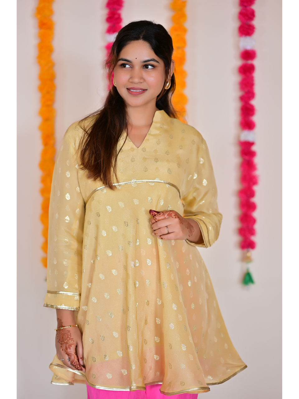  Pastel Yellow Traditional Floral Silk Kurti, tissue silk kurti, yellow kurtis, traditional kurtis