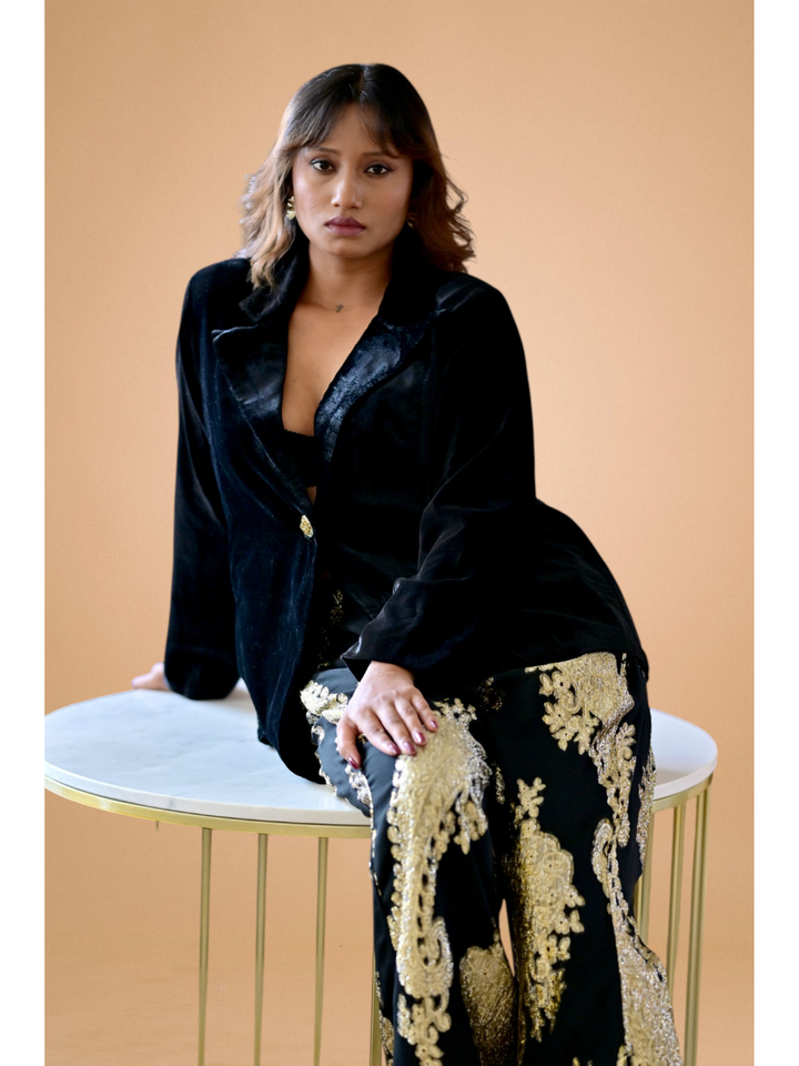  Velvet Zari Blazer Set, velvet co ord set, black co-ord set, partywear sets, blazer set