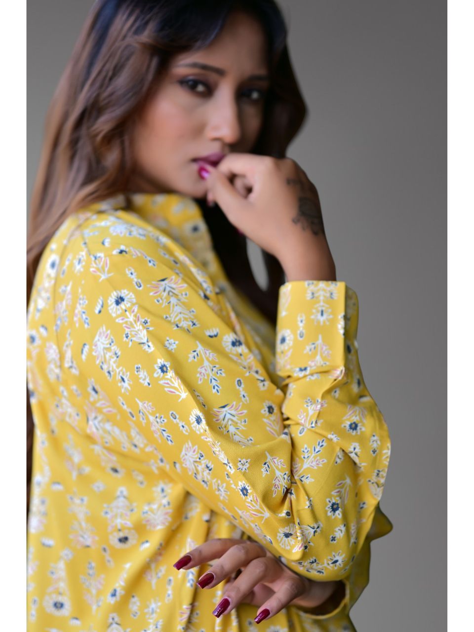 Floral Sunshine Light Shirt, rayon shirt, yellow shirts, long shirts, indowestern shirts, modern ethnic shirts, office wear shirts

