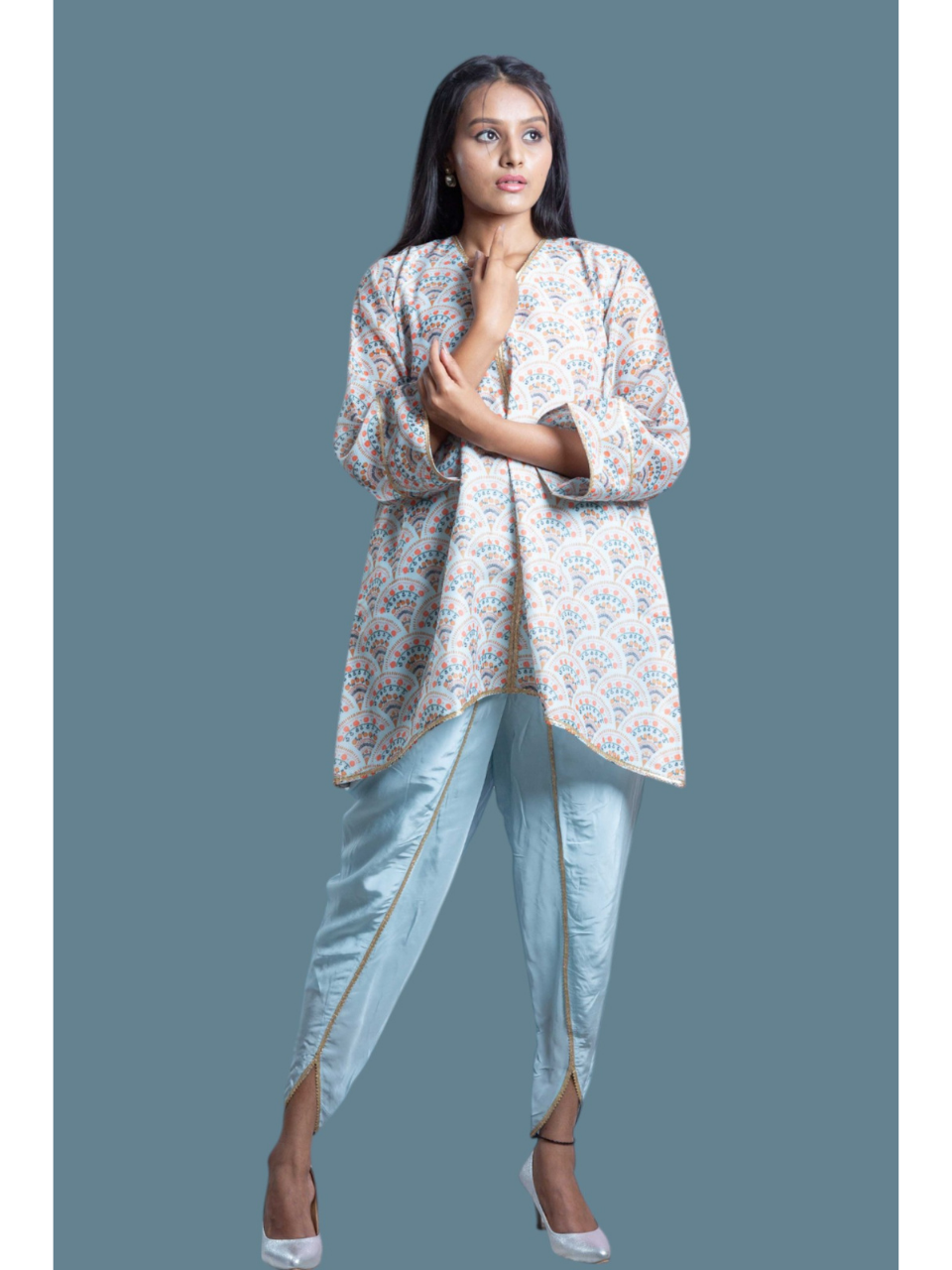 Chic Blue Chanderi Set, chanderi co ord set, blue co ord set, party wear co ord, dhoti style bottom, Pongal sale, Lohri sale

