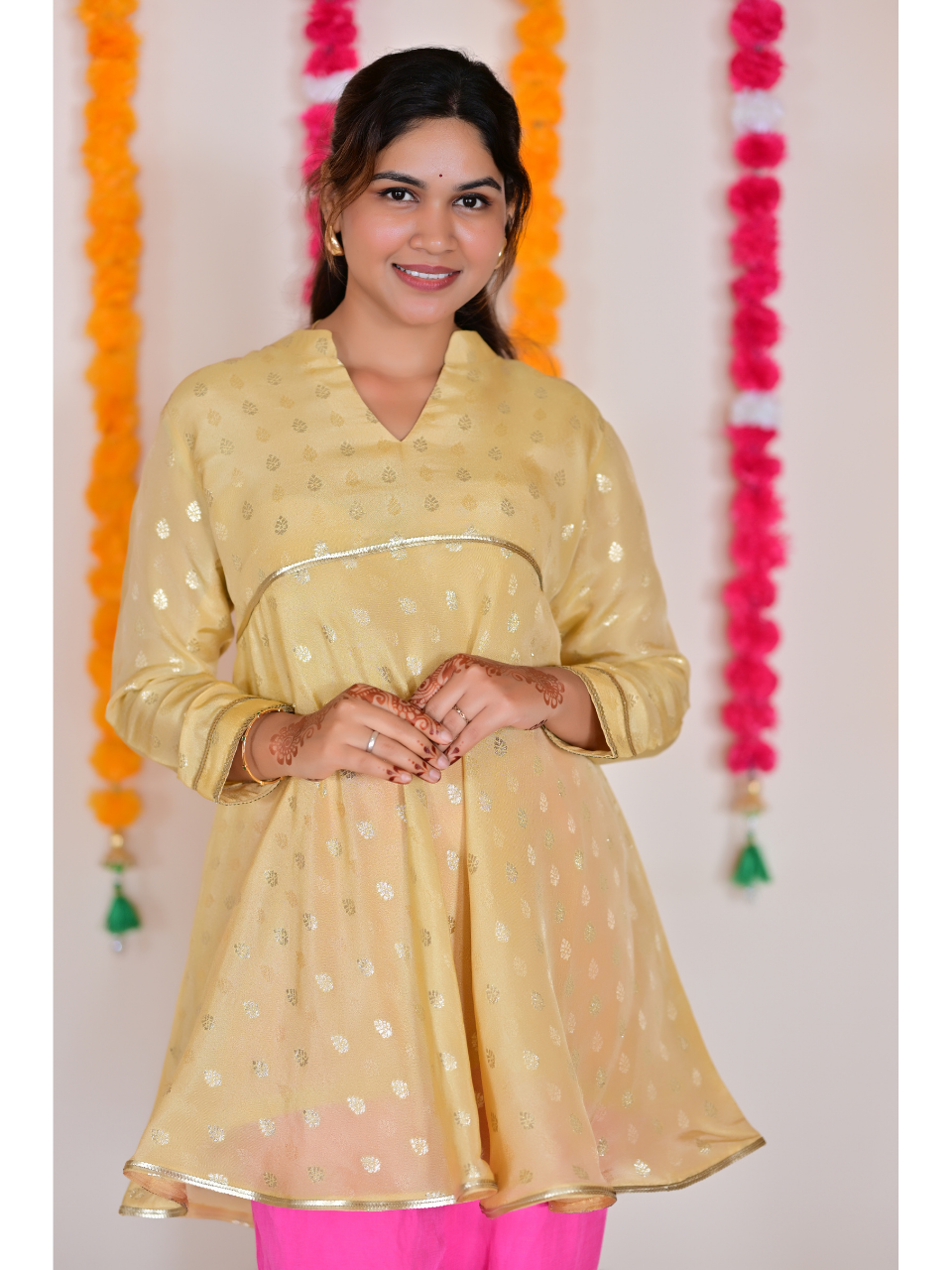  Pastel Yellow Traditional Floral Silk Kurti, tissue silk kurti, yellow kurtis, traditional kurtis