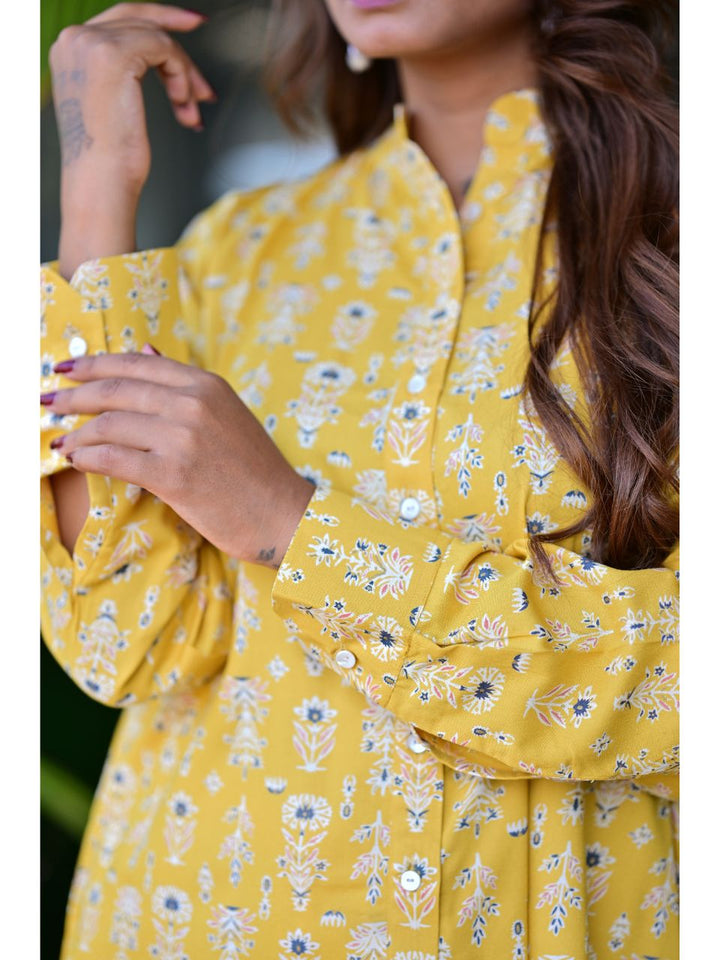Floral Sunshine Light Shirt, rayon shirt, yellow shirts, long shirts, indowestern shirts, modern ethnic shirts, office wear shirts
