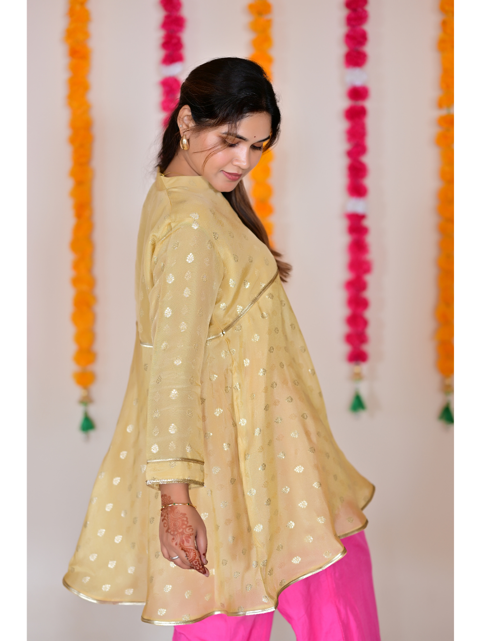  Pastel Yellow Traditional Floral Silk Kurti, tissue silk kurti, yellow kurtis, traditional kurtis