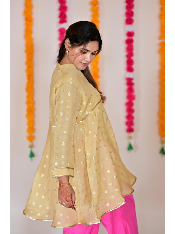  Pastel Yellow Traditional Floral Silk Kurti, tissue silk kurti, yellow kurtis, traditional kurtis