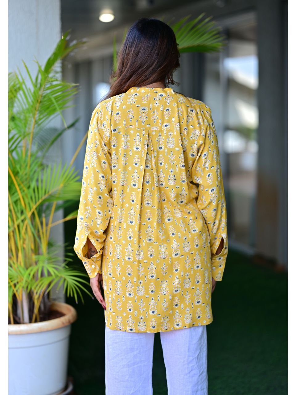 Floral Sunshine Light Shirt, rayon shirt, yellow shirts, long shirts, indowestern shirts, modern ethnic shirts, office wear shirts

