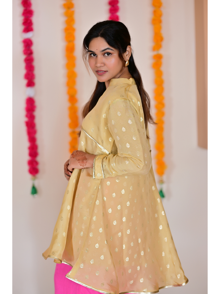  Pastel Yellow Traditional Floral Silk Kurti, tissue silk kurti, yellow kurtis, traditional kurtis
