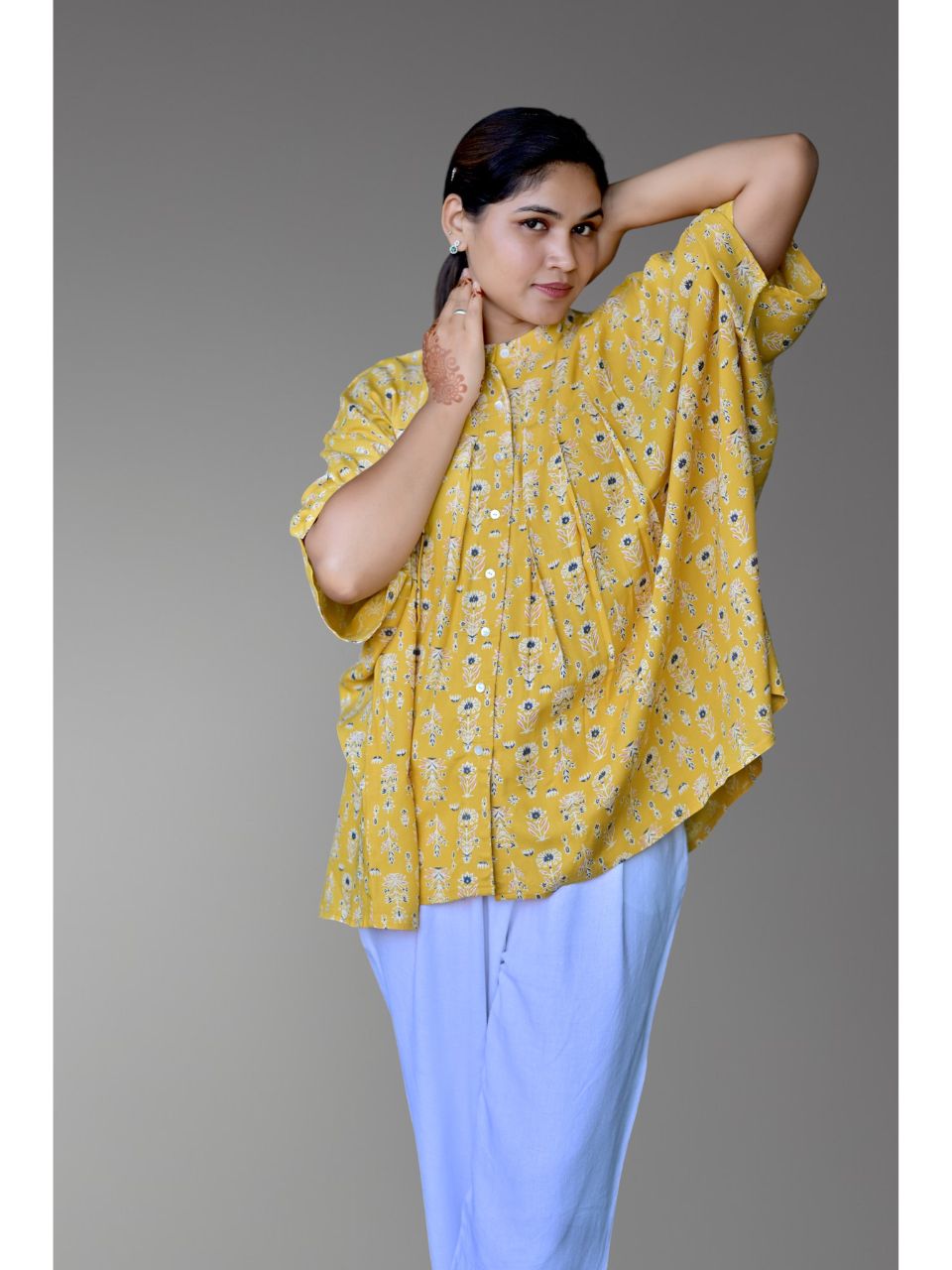  Floral Sunshine Light Shirt Top, rayon shirt, yellow shirts, printed shirts, indowestern shirts, modern ethnic shirts, office wear shits
