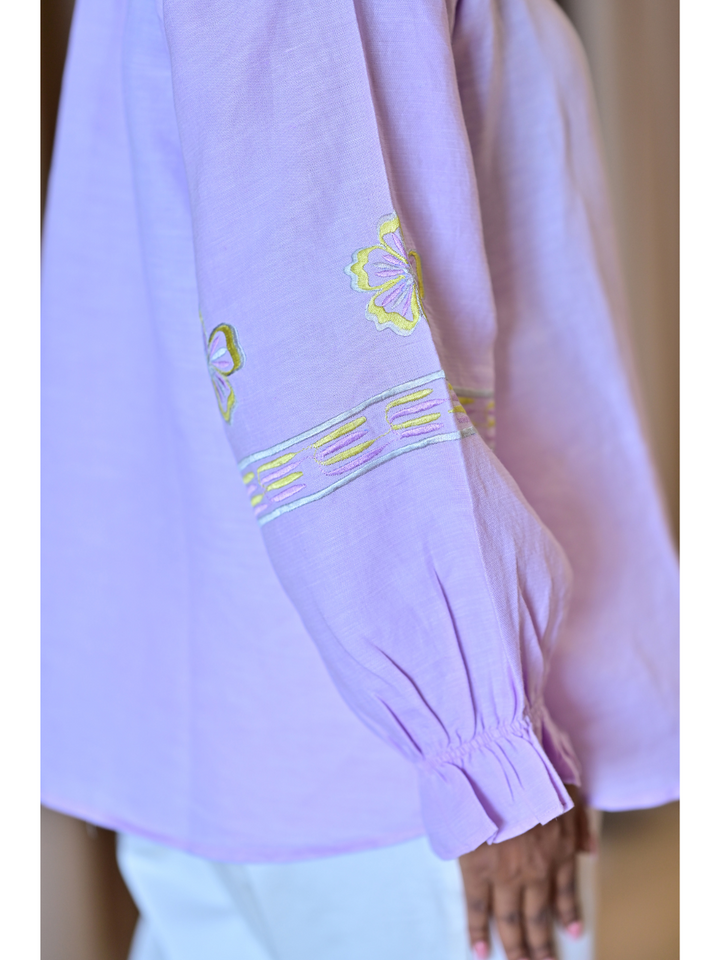Lilac Calm – Cotton Linen Elegance, cotton linen top, embroidered top
