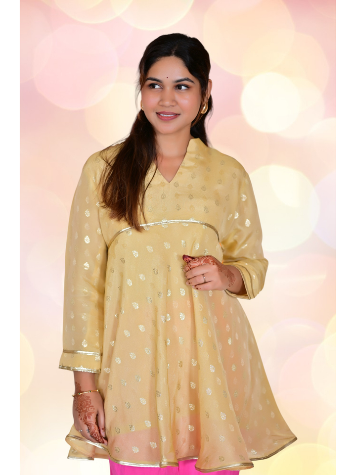  Pastel Yellow Traditional Floral Silk Kurti, tissue silk kurti, yellow kurtis, traditional kurtis