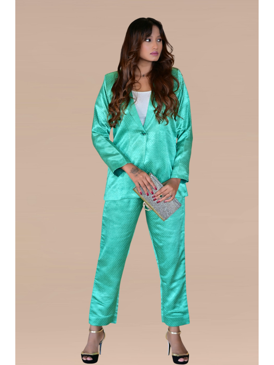 Mashru Silk Blazer Set, silk co ord set, green co-ord set, party co-ord sets