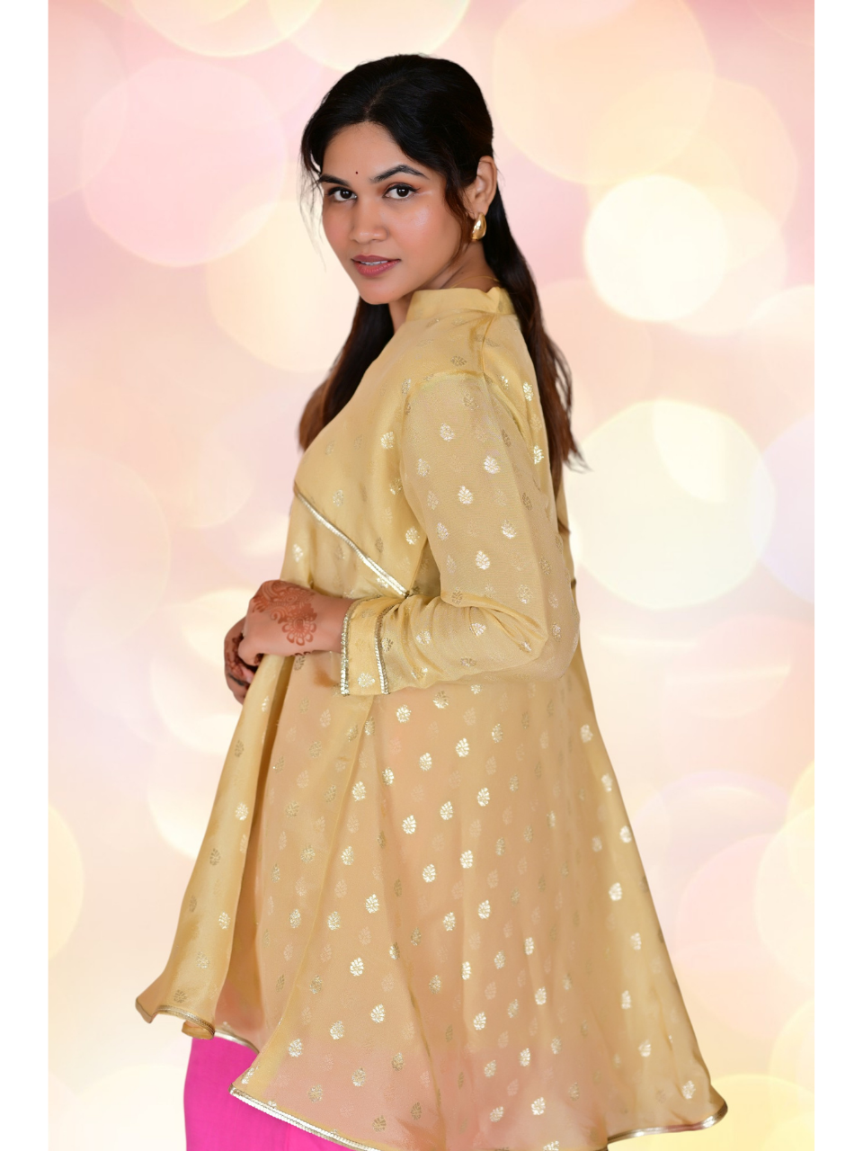  Pastel Yellow Traditional Floral Silk Kurti, tissue silk kurti, yellow kurtis, traditional kurtis