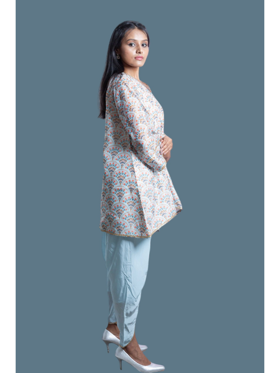 Chic Blue Chanderi Set, chanderi co ord set, blue co ord set, party wear co ord, dhoti style bottom, Pongal sale, Lohri sale
